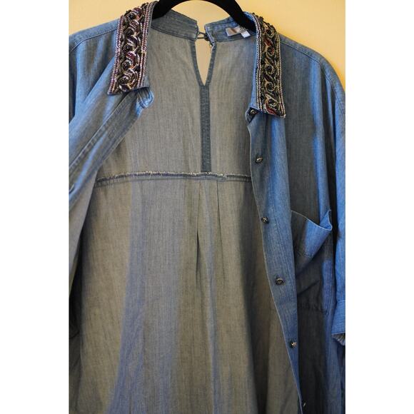 Abito Vintage Casual Denim Button Shirt Beaded Jacquard Collar Blue Small - Picture 7 of 10